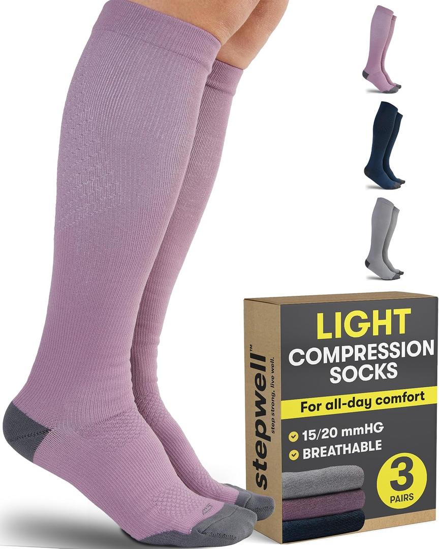STEPWELL Light Compression Socks for Women & Men - 3 Pairs | 8-15 Breathable Compression Socks for Flying, Exercise, Support,LArge