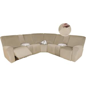 HDCAXKJ Reclining Sectional Couch Covers Velvet L Shaped Sectional Sofa Cover Washable Stretch Soft Corner Recliner Slipcover with Non-Slip Elastic Bottom (5 Seat and 2 Middle Console, Dark Beige)
