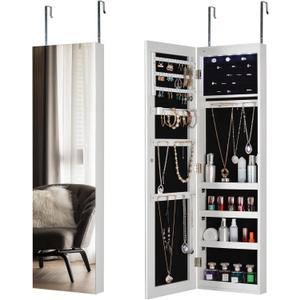 Hanging Mirror Jewelry Cabinet with Storage, Sliding Full Length Mirror Jewelry Armoirer, Wall-Mounted Cabinet Door-Mounted Jewelry Organizer with Interior LED Lights - White