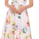 London Times Women's Women's A-line Midi Dress - Short Sleeve Fitted Waist with Bow Detail - Versatile Floral Dresses, 4, Cream/Blue