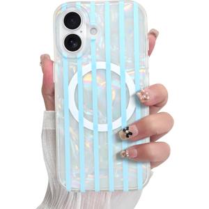 SOKAD Magnetic Stripes for iPhone 17 Case, Compatible with Magsafe, Cute Vertical Striped Design Glitter Opalescent Seashell for Women Girls, Stylish Matte Protective Phone Cover, Blue