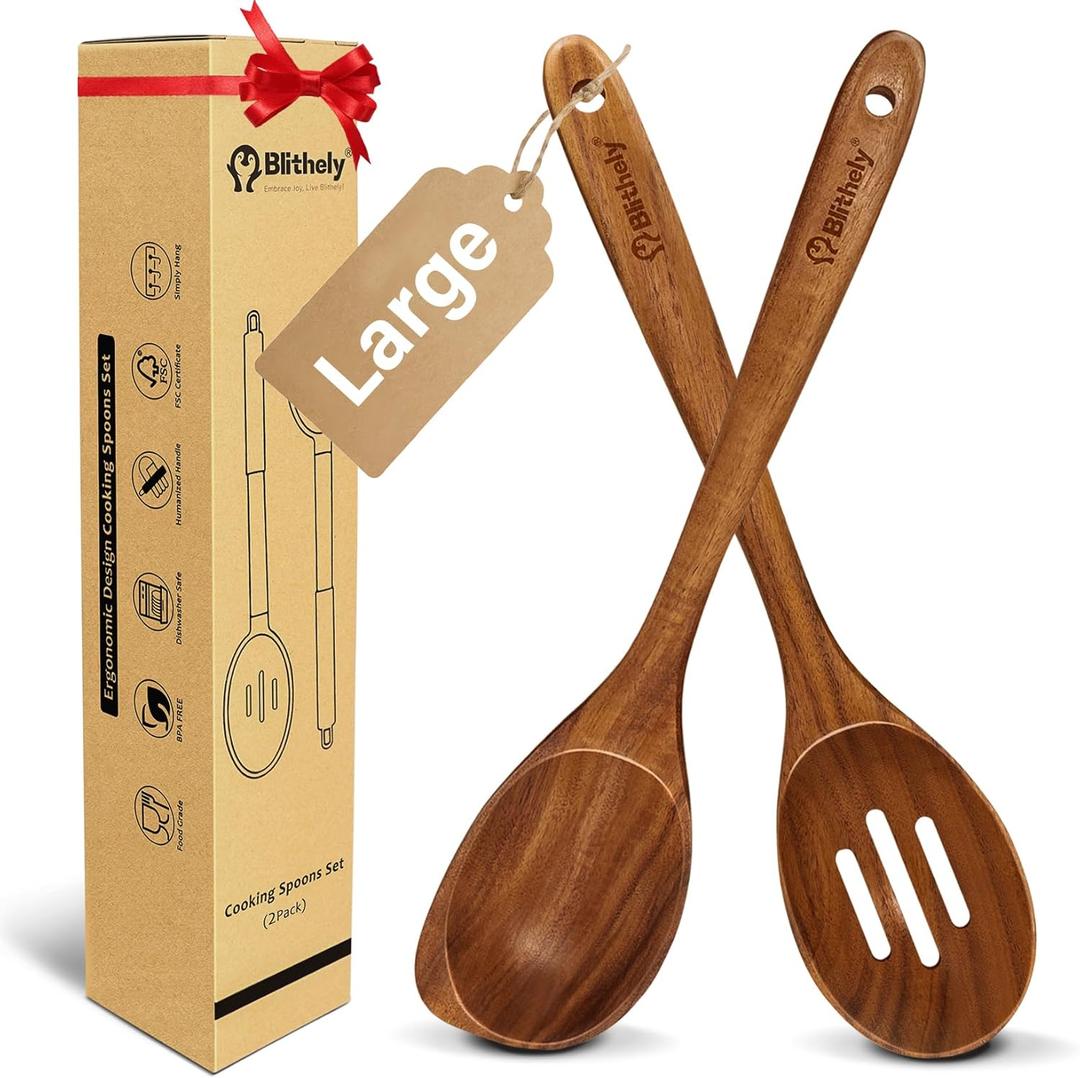 2 Pack Large Wooden Spoon Set for Cooking, Natural Teak Wood Slotted Spoon, Heat-Resistant Wooden Cooking Spoon Set for Serving and Mixing