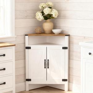 M METERXITY Bathroom Corner Cabinet, Farmhouse Corner Cabinet with Barn Doors, Adjustable Shelf, Small Storage Cabinet Corner for Kitchen, Pantry, Dining, Living, Entryway, Rustic, 23.6" W X 13.5" D X 32" H