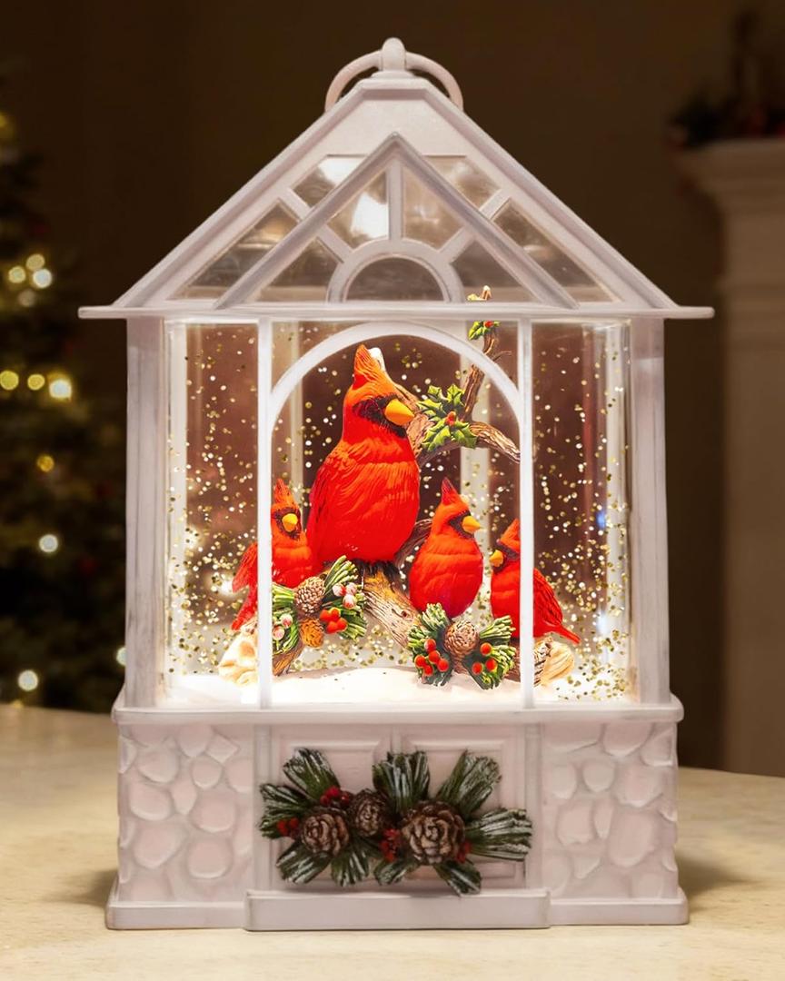 Large Christmas Cardinal Snow Globe Light up Lantern with 8 Songs, 9.84" White Christmas Snow Globes for Kids Adults, 6H Timer & Dual Power, Snowglobes Christmas Decorations Indoor Gifts Women Men