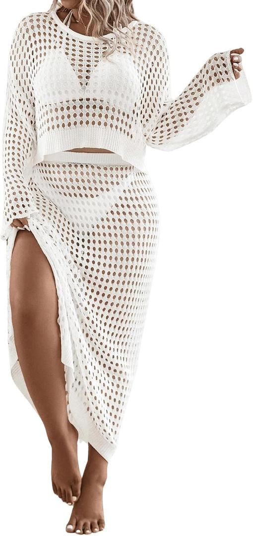 BEAUDRM Women's 2 Piece Plus Size Cover Up Sweater and Split Thigh Skirt Set Beach Swim Cover Up Outfit (White, XXXL)