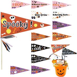 24 Set DIY Halloween Stick Flags 6.2" x 12.4" Paper Pennant Flags with Ribbons Include 24 Ghost Boo Pennant Flags 24 Flat Bamboo Stick 120 Ribbons for Halloween Boo Basket Decoration