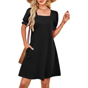 Summer Dresses for Women 2025 Casual Cute Square Neck Puff Short Sleeve Dress with Pockets (3X-Large, Black)