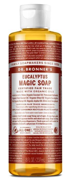 Dr. Bronner's Pure-Castile Magic Soap Liquid (Eucalyptus, 8 Ounce)-Made with Regenerative Organic Certified Oils, 18-in1 Uses: Face, Hair, Hand & Body Soap, Laundry- Concentrated, Vegan