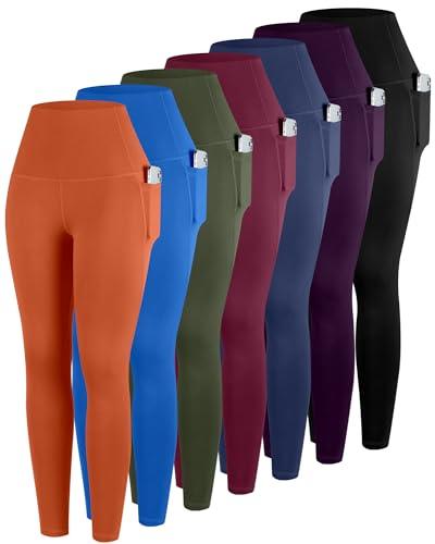 ATHVOTAR Leggings with Pockets for Women, 6 Packs High Waisted Workout Tummy Control Yoga Pants Black/Navy/Burgundy/Army Green/Sparkle Blue/Deep Purple/Orange 2XL