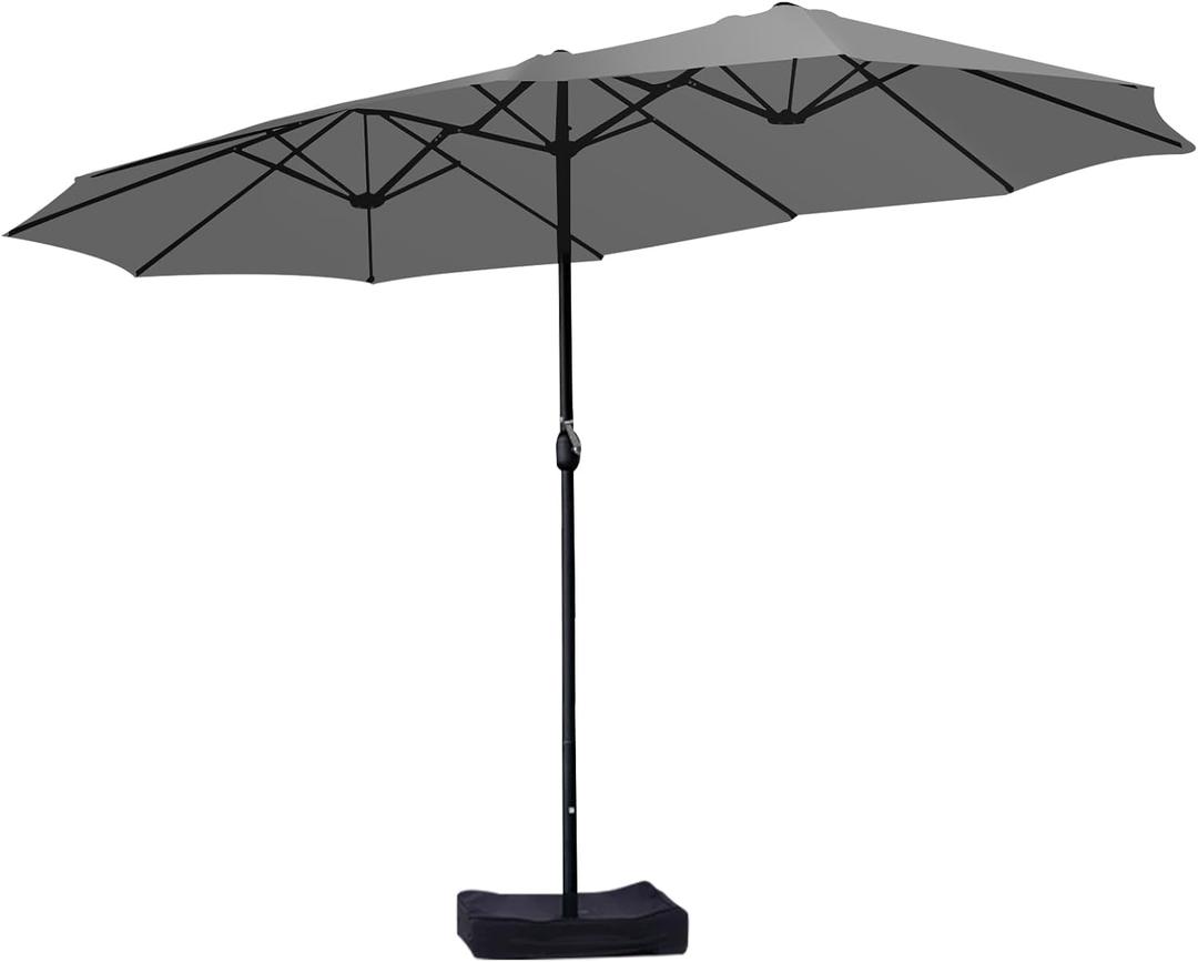 15ft Large Patio Umbrellas with Base Included, Outdoor Double-Sided Rectangle Market Umbrella with Stand, Outside Umbrellas for Poolside Lawn Backyard (Grey)