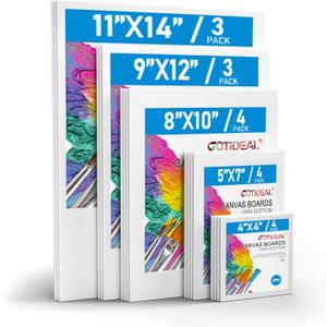 GOTIDEAL Canvas for Painting -18 Pack, Multi Pack 4x4, 5x7, 8x10, 9x12,11x14 Canvas Boards for Painting, Primed White Blank Artist Canvas Variety Pack for Acrylic, Oil Paint, Watercolor, Gouache