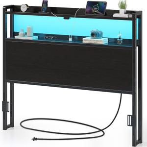 Rolanstar Headboard for Full Size Bed with Storage, 60,000 DIY Color of LED Light, Head Board with USB & Type C Port, Height Adjustable, Black Cabeceras de Cama Comfortable Modern, Wood