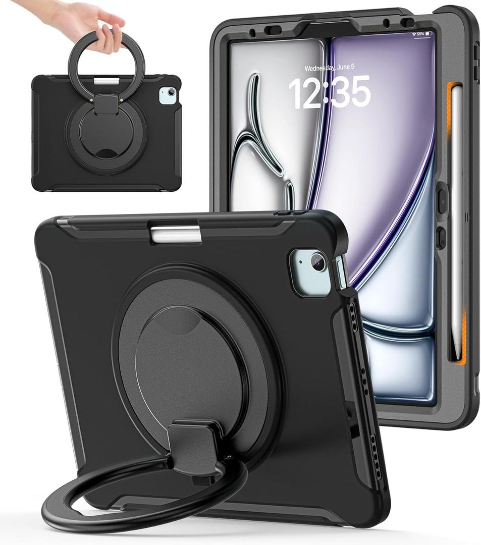 BATYUE Shockproof Case for iPad Air 11" M2/M3, Air 4/5 10.9", iPad Pro 11" 1st-4th Gen 2018-2022 | 360 Multi-Angle Stand (Portrait & Landscape) & Grip, Built-in Pencil Holder, Black