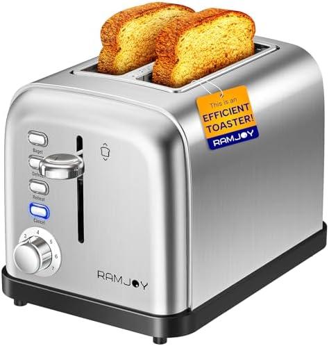RAMJOY Toaster 2 Slice, Extra Wide Slot Toaster for Bagels, Bread, Waffles, 7 Shade Settings, 4 Main Functions, Removable Crumb Tray, 900 Watts Toasters, Brushed Stainless Steel