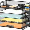 SUPEASY 5 Tier Desk Organizer with Handle & Removable Pen Holders, Mesh Paper/File Organizer for Desk, Paper Letter Tray Organizer for Office Supplies (Black)
