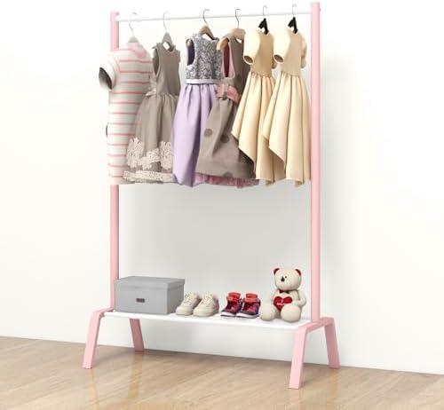 STWWO Kids Clothing Rack, Metal Dress Up Storage, Kids Costume Rack with Storage Shelf, Toddler Clothing Rack Organizer, Pink&White