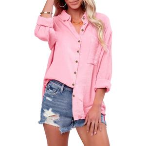 siliteelon Womens Button Down Shirts Cotton Long Sleeve Oversized Boyfriend Blouses Collared Dress Tops with Pockets (Pink, S)