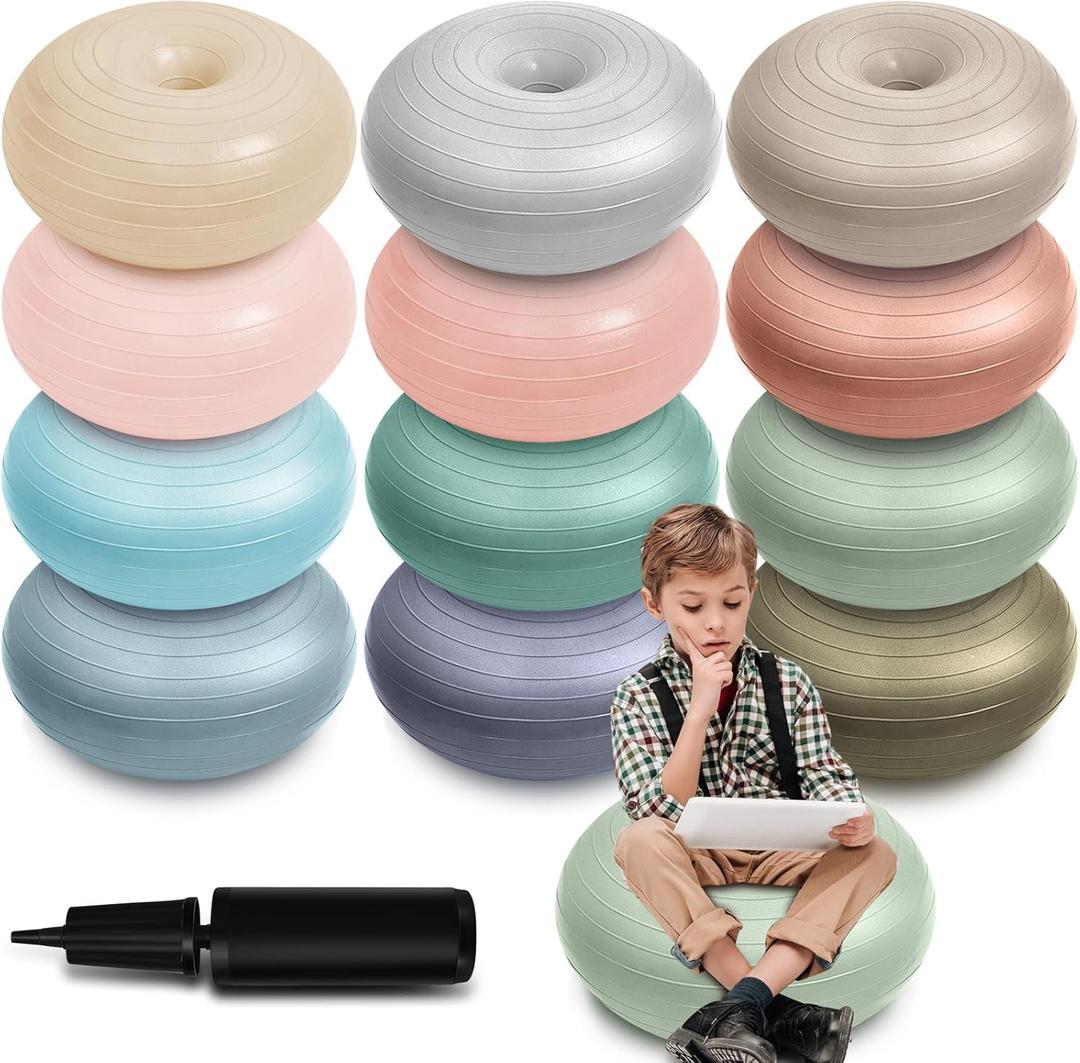 Lewtemi Pack of 12 Flexible Seating for Classroom Elementary 20 Inch Yoga Ball Chair Large Inflatable Donut Ball Chair Wobble Seat with Inflator for Kids Student Sensory Balance Exercise Home Office