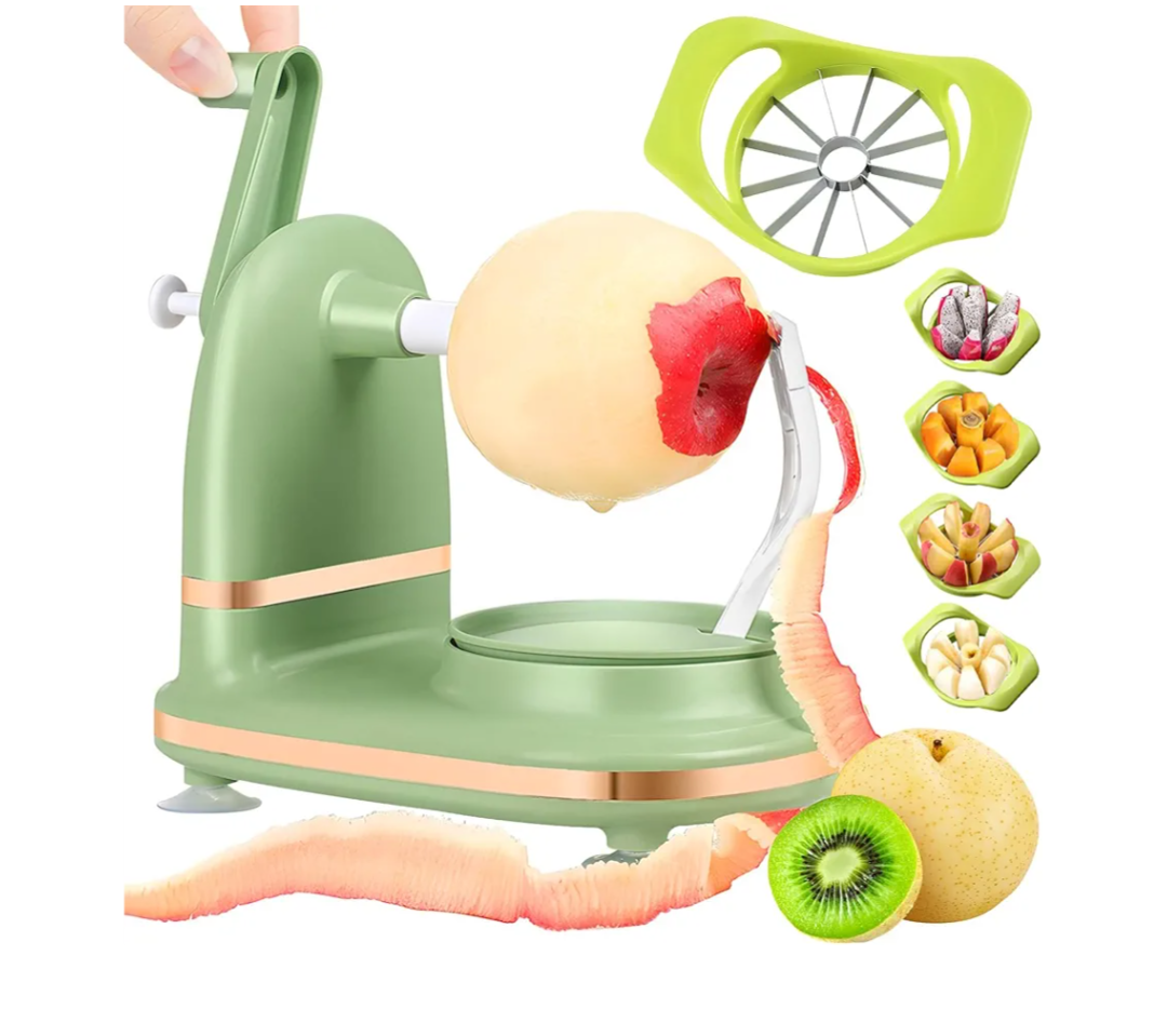 Manual Hand Crank Apple Peeler, Corer and Slicer – Suction Non Slip Counter Grips - Stainless Steel Blades – Peels, Cores and Cuts in Seconds for Home Kitchen (green-1, apple cutter 12 slices)