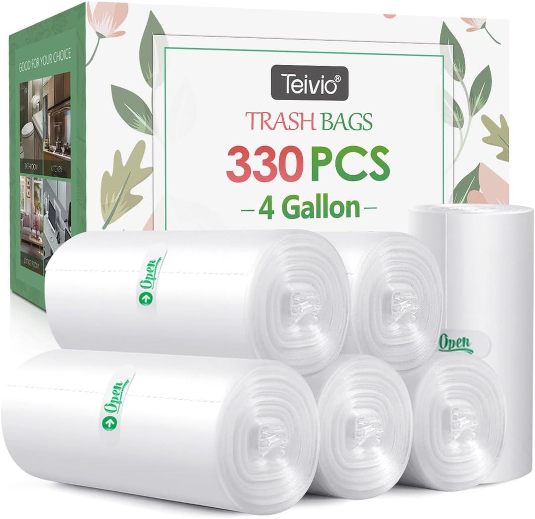 4 Gallon 330 Counts Strong Trash Bags Garbage Bags by Teivio, Bathroom Trash Can Bin Liners, Small Plastic Bags for home office kitchen (Clear) (330 Count (Pack of 1))