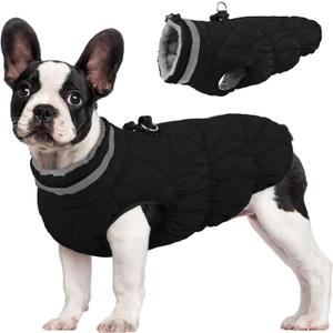 FUAMEY Dog Coat for Small Dogs,Waterproof Dog Winter Jacket with Harness Built in Puppy Cold Weather Coats Reflective Pet Vest with Zipper Warm Fleece Dogs Snowsuit Windproof Solid Black, S