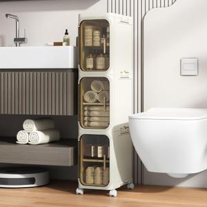 3 Tier Slim Bathroom Storage Cabinet, Narrow Organizer with Wheels and Toilet Paper Holder, Waterproof, No Assembly Required, Perfect for Small Spaces in Bathroom, Kitchen and Bedroom (Cream White )