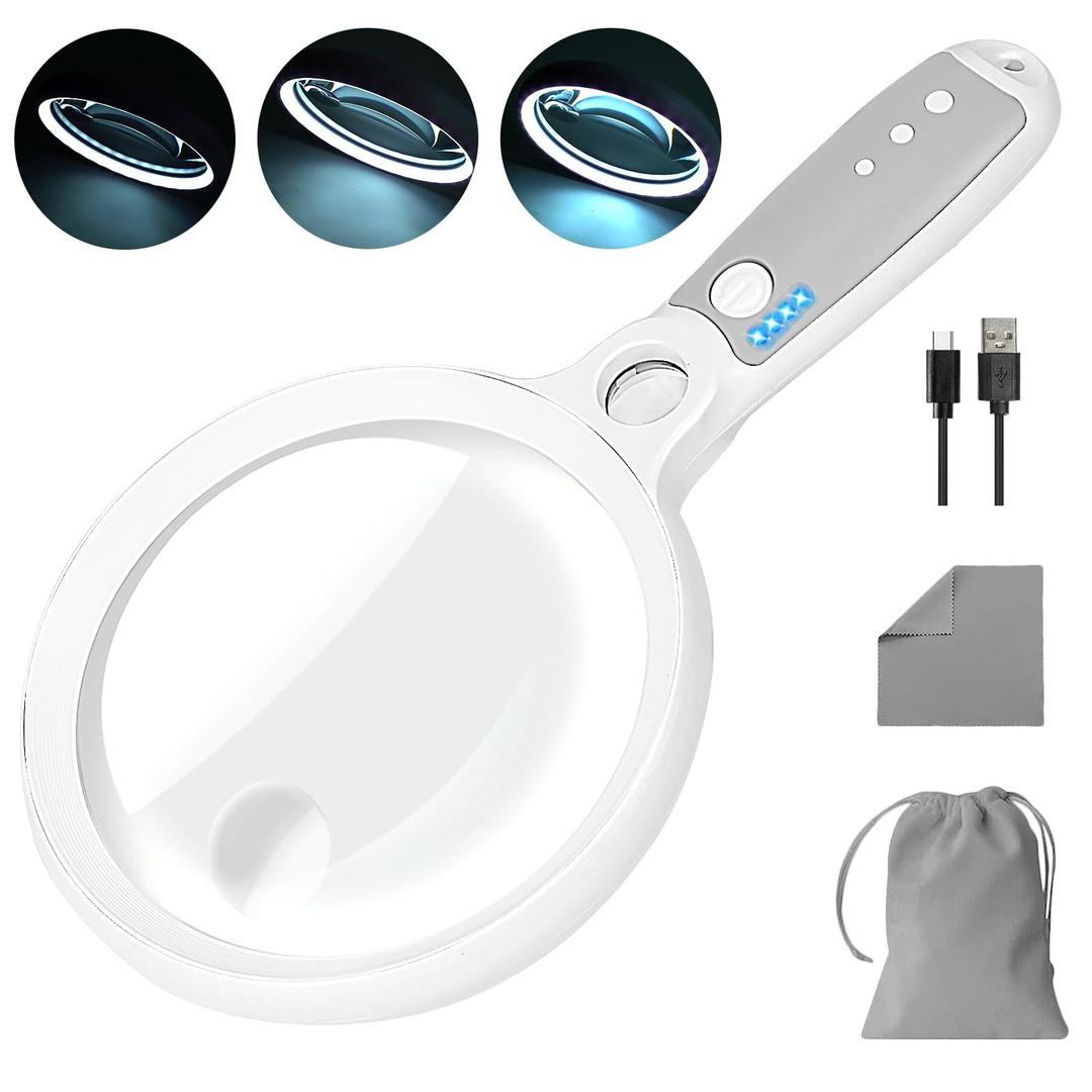 Large Magnifying Glass with 37 LED Light, 10X 20X 45X Handheld Illuminated Lighted Magnifier with 3 Light Modes Rechargeable Magnifying Glass for Seniors Reading, Inspection (White & Grey)
