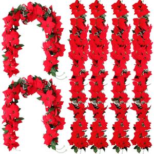 Crowye 6 Pcs Christmas Poinsettia Garland with Holly Leaves Artificial Poinsettia Flower Vines Xmas Rattan Ornament for Mantle Fireplace Table Indoor Outdoor Garland Christmas Decor