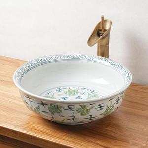 Ceramic Bathroom Vessel Sinks Vintage100% Hand Painted Blue and White Porcelain Flowers, and fishs Round Sink Bowl For Vanity Top (Green white)
