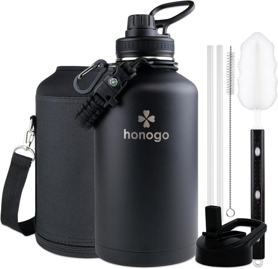64 oz Insulated Water Bottle with Straw lid & Spout lid, Stainless Steel Half Gallon Water Flask Jug with Paracord Handle & Strap Pouch, Large Vacuum Thermo Bottles, Cold for 48 Hrs (Black)