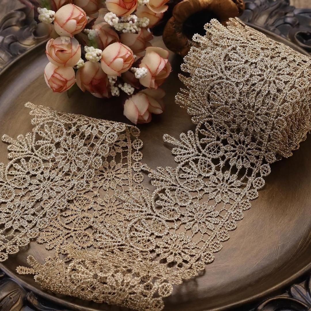 Venice Lace Trim with Gold Embroidery - 4.8 Yards Metallic Lace for Sewing, Clothes & Cake Decoration