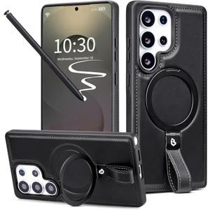 Butaiga for Samsung Galaxy S25 Ultra Leather Case with Stand, AntiSlip Grip Ring, Fits for MagSafe (Navy, S25 Ultra6.9inch)