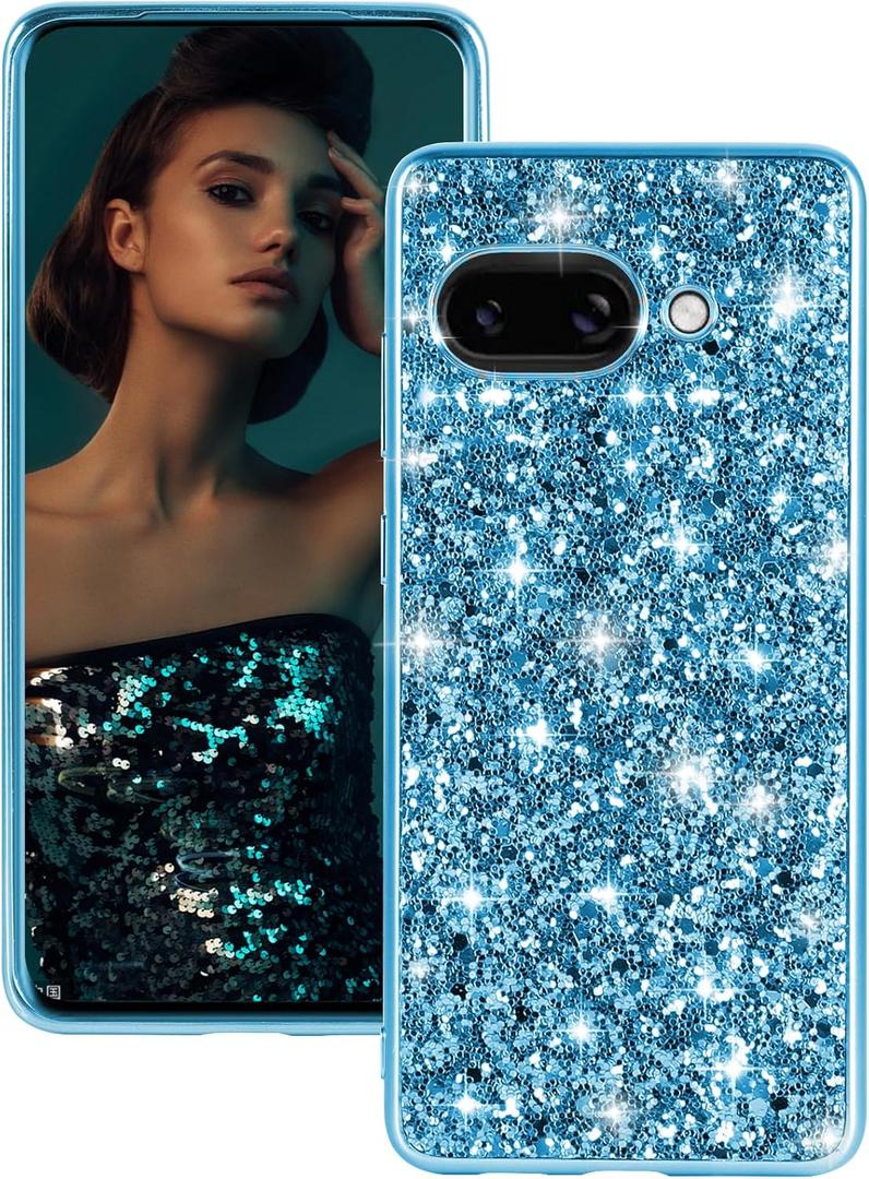 Silicone Case for Google Pixel 9A 5G Phone Case Glitter Sparkle Bling, Hybrid Matte Back Case High Impact Heavy Duty Shockproof Protective Cover for Google 9A Cute Case for Women 6.3-inch (Blue)