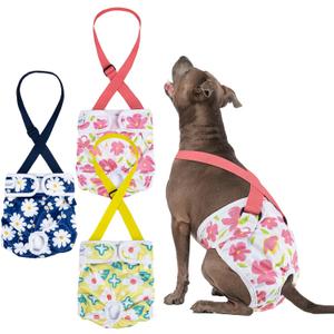 Pet Soft Dog Diapers Female with Suspenders, 3 Pack Reusable Female Dog Diapers for Heat, Dog Period Panties for Doggie in Cycle (Large, Flowers)