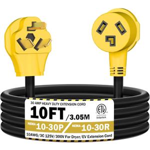 10FT 3 Prong Dryer 30A 10-30P to 10-30R / EV Extension Cord Level 2 EV Charging Model 3/X/Y/S 125V/250V STW 10 Gauge Heavy Duty Extension Cord Yellow Plug