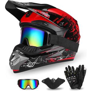 Full Face Dirt Bike Helmet DOT Certified - Complete Adult ATV Helmet Kit with Goggles, Gloves & Mask, Adjustable Visor, Quick Release (Black, S)