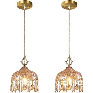 JXJYHL Brass Vintage Glass Pendant Light Crystal Hanging Light Fixtures,Adjustable Height Amber Glass Pendant Lights for Kitchen Island Dining Room Living Room Bedroom Hallway(Amber,2-Pack)