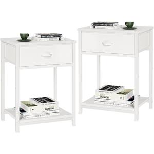 Furologee White Nightstands Set of 2, End Table with Fabric Drawer, Small Side Table for Small Spaces, 2 Tiers Storage Shelves End Table, Bedside Table for Living Room, Bedroom, Dorm