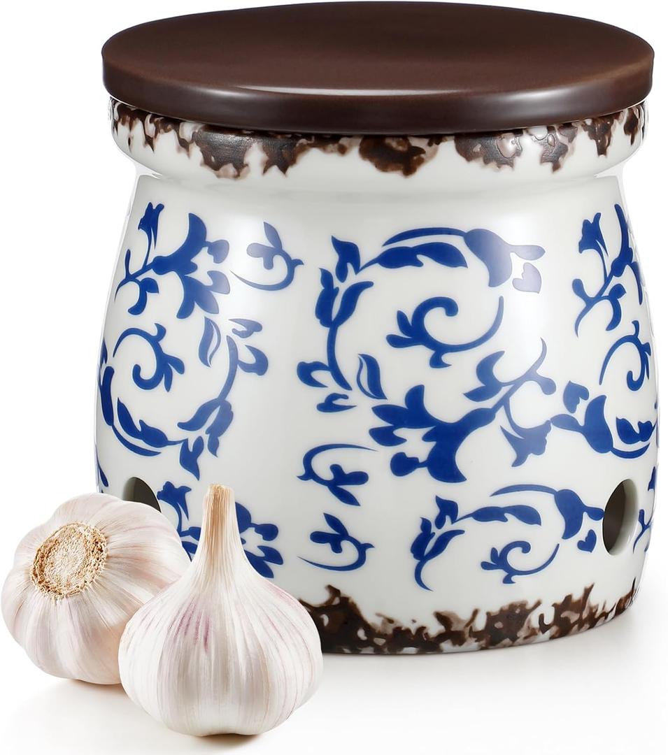 Honeydak Blue and White Porcelain Garlic Keeper with Lid 4.2" x 4" Ceramic Garlic Container for Counter Storage Countertop Holder Breathable Design for Chili Ginger Modern Farmhouse Home Kitchen Decor