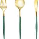 Lullaby 150PCS Gold Plastic Silverware - Disposable Flatware with Green Handles, Includes 50 Knives, 50 Forks, 50 Spoons, Perfect for Birthdays, Weddings, Picnics