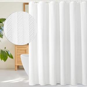 Gibelle Extra Long Shower Curtain 72 x 84, Tall 3D Embossed Textured White Fabric Shower Curtain, Modern Farmhouse Herringbone Decorative Bathroom Curtains Shower Set with Hooks