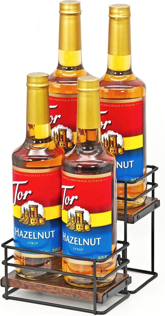 4 Bottle Coffee Syrup Organizer Rack, 2 Tier Coffee Syrup Bottle Stand Holder for Coffee Bar, Installation-free, Liquor Bottle Display Shelf, Coffee Syrup Shelf for Liquor Whiskey Wine Display