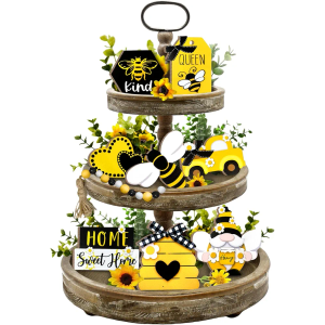 Bee Tiered Tray Decor, Spring Summer Farmhouse Tiered Tray Decorations, Decorative Bumble Bee Gnome Hive Honey Truck Wooden Signs, Rustic Home Decor for Table Shelf Mantel Office Holiday Party