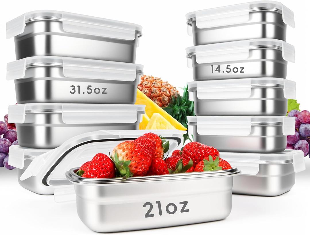 10PCS 304 Stainless Steel Food Storage Containers with Airtight Leakproof Lids, Stackable Bento Lunch Box for Meal Prep, Reusable Metal Containers, Oven/Dishwasher/Freezer Safe(31.5/21/14 Oz)