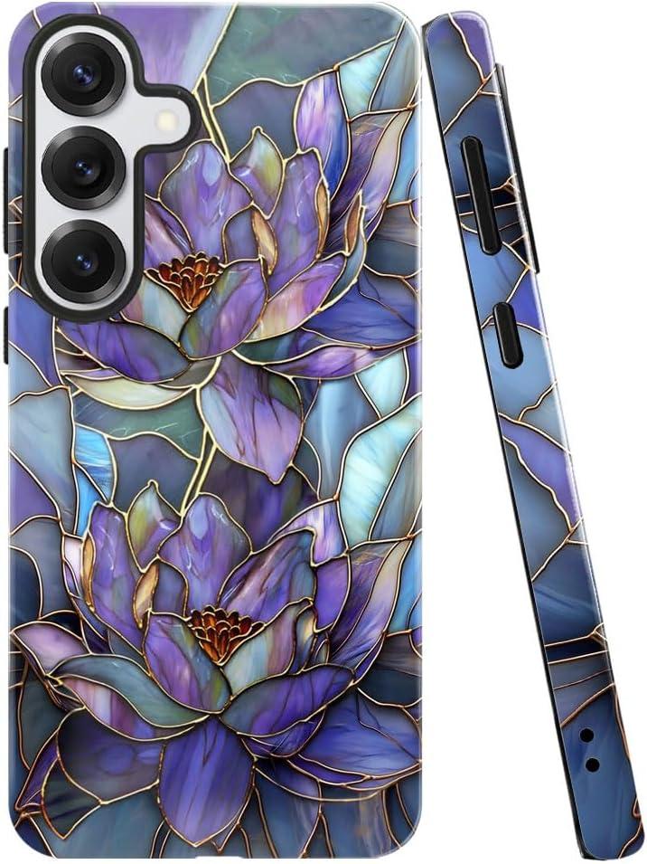 Case for Samsung Galaxy S25,Purple Lotus Floral Phone Case Drop Resistant Glossy 2 in 1 Solid Dual-Layer Cover for Girl Women
