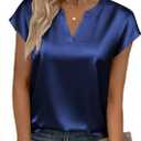 Zeagoo Women Tops Silk Satin Blouses V Neck Summer Shirts Cap Sleeve Business Casual Dressy Spring Clothing (Blue, XL)
