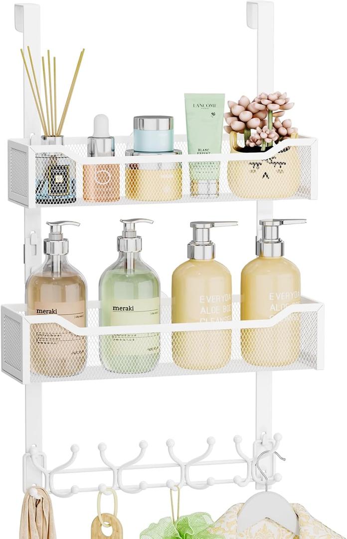 SWTYMIKI Over The Door Hook with 16 Hooks & 2 Mesh Baskets - Heavy Duty Over The Door Organizer Hanger for Towels, Coats, Clothes - Space Saving Hanging Rack for Bathroom, Living Room, White