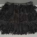 happlan Women's Rhinestone Fringe Mini Skirt with Belt (Large, Black)