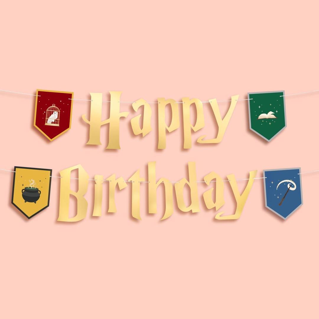 xo, Fetti Wizard Happy Birthday Banner - Gold Foil, 6.5 Ft. | Bday Garland, Kids Party Decoration, Magic Theme Sign, Photoshoot Backdrop