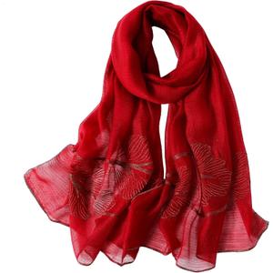 WINCESS.YU Silk Scarf for Women Lightweight Shawls and Wraps for Weddings Fashion Pashmina Shawl Embroidered Scarves (Leaf Embroidery Wine Red)